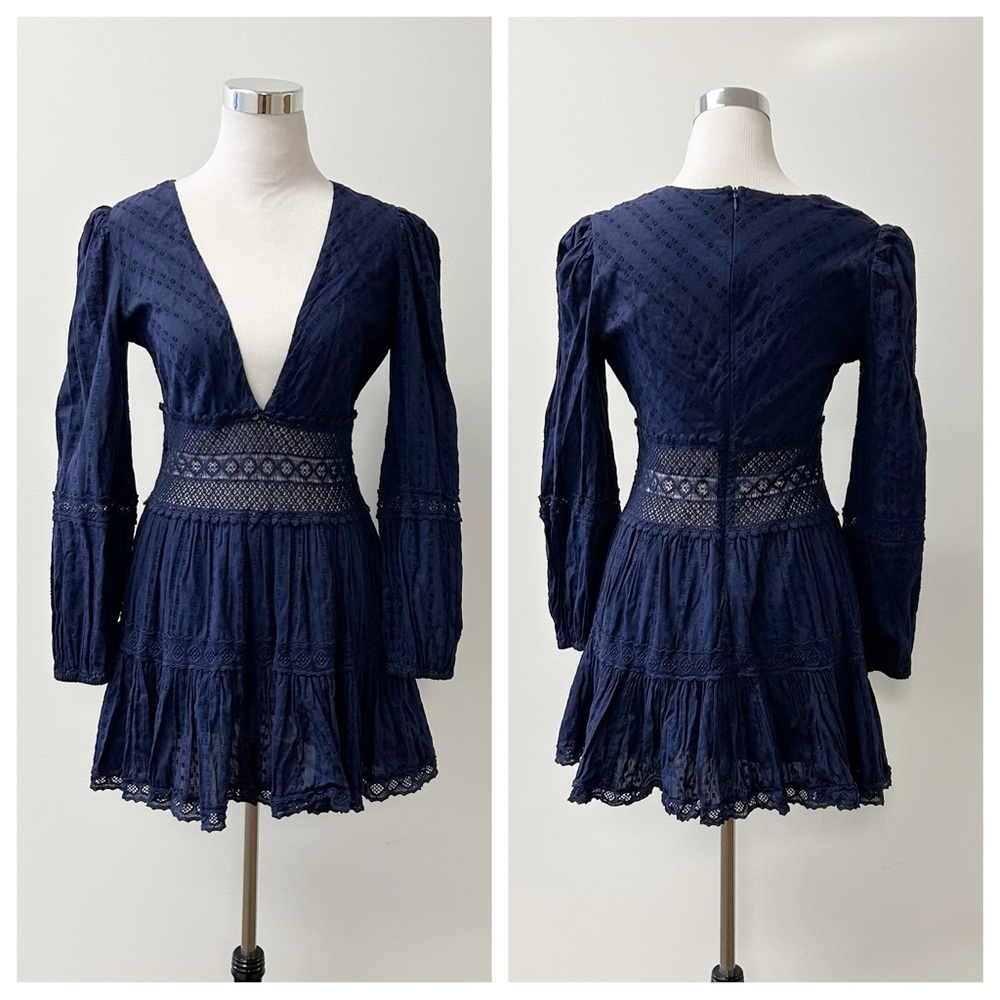 FP Movement by Free People Deep Navy Lace V-Neck Tiered Mini Dress